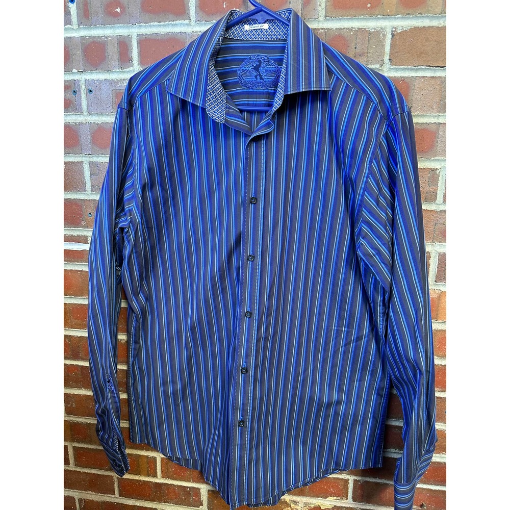 Men's BUGATCHI LG Long Sleeve Flip Cuff Striped Shirt BLUE Button Up